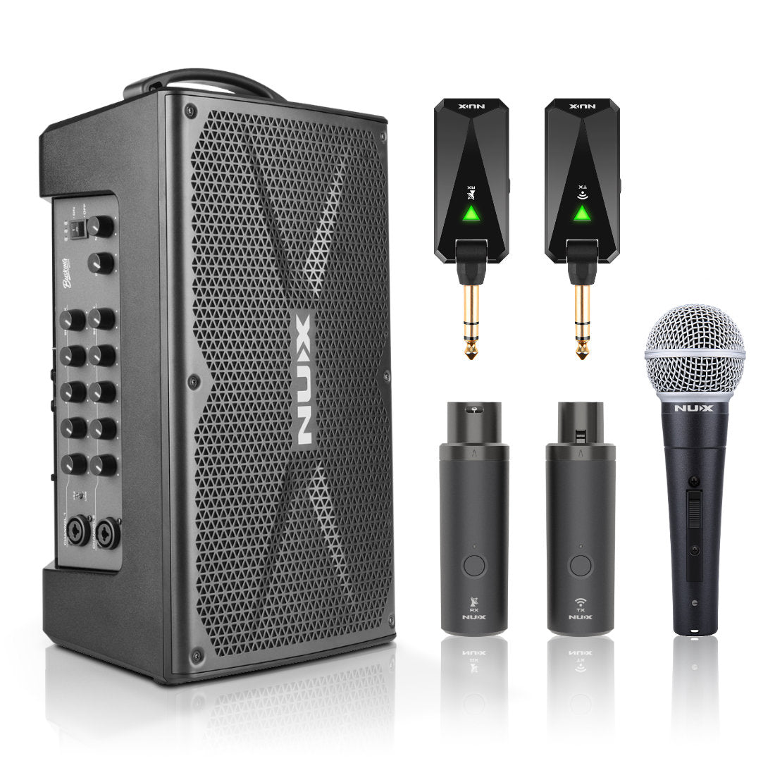 NUX Busking 200FR Portable PA System with B-3RC Wireless Mic & B-5RC Wireless Guitar System
