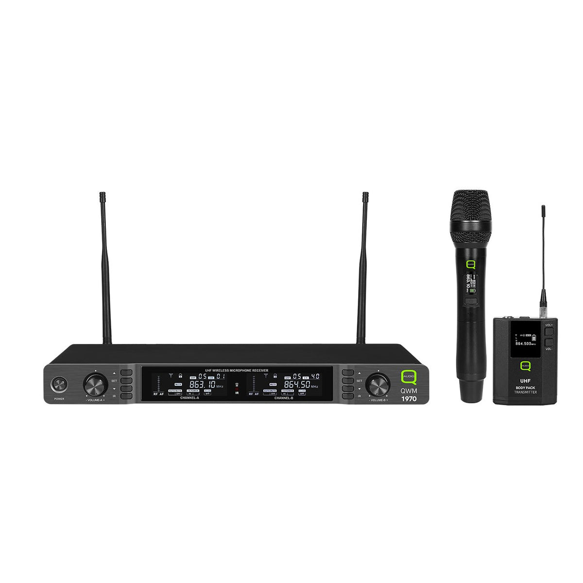 Q-Audio QWM 1970 HH+BP UHF Dual Diversity Wireless Handheld + Beltpack System 1