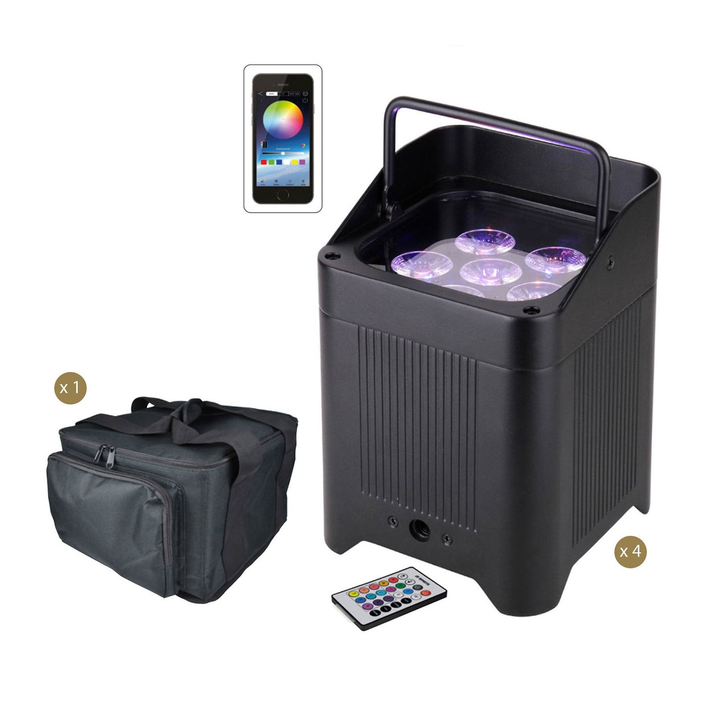 4× VIPAR 6×18W Smart Rechargeable RGBWAUV PAR Uplighters with Bag – Complete Wireless Lighting Set 1