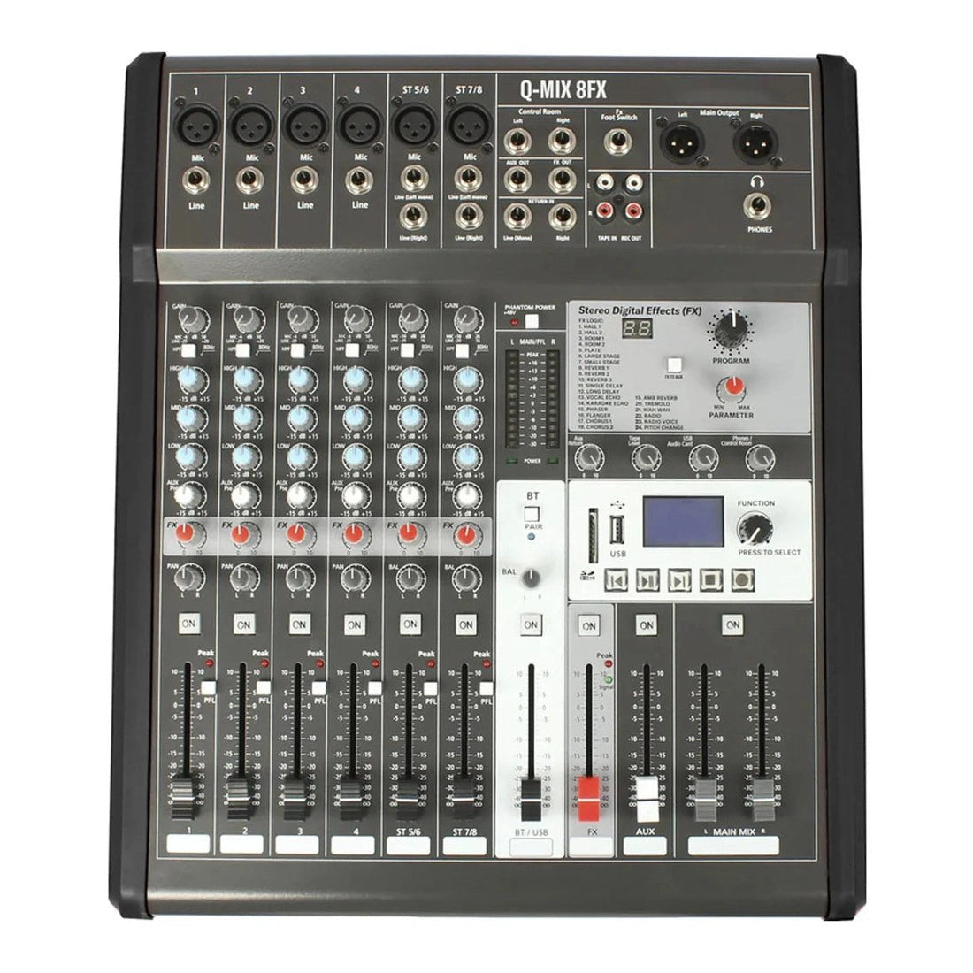 Q-Audio Q-MIX 8FX 8-Channel Mixer With 24 Digital Effects, USB Interface, Bluetooth And AUX Send — Mains-Powered 2