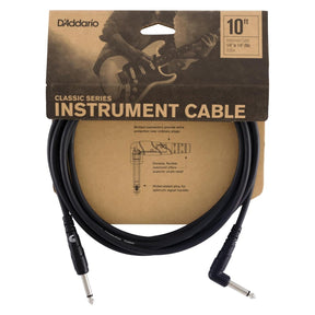 D'Addario Classic Series Instrument Cable - Straight to Right Angle Jack 10ft / 3m, Black 1