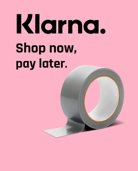 Klarna advertisement with duct tape on a pink background