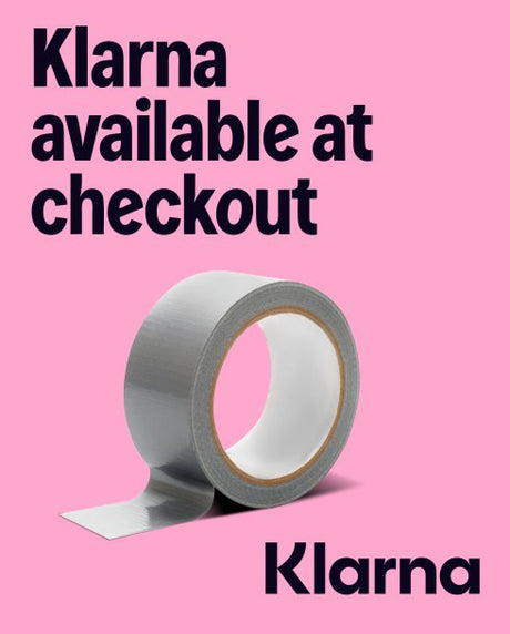 Roll of tape with 'Klarna available at checkout' text on a pink background