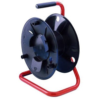 Black cable reel with red stand on a white background