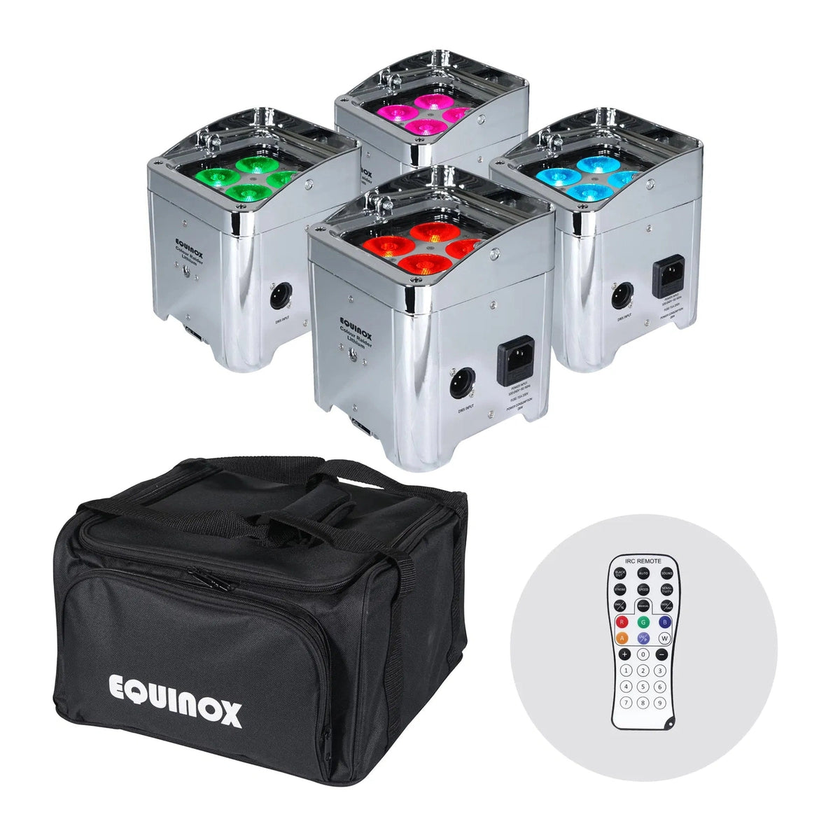 Equinox Colour Raider Lithium Battery Uplighter Pack - 4 x 6W RGWB LEDs Chrome Housing 1