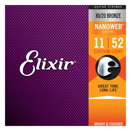 Elixir 80/20 Bronze Acoustic Guitar Strings with NANOWEB Coating - Custom Light Pack Front