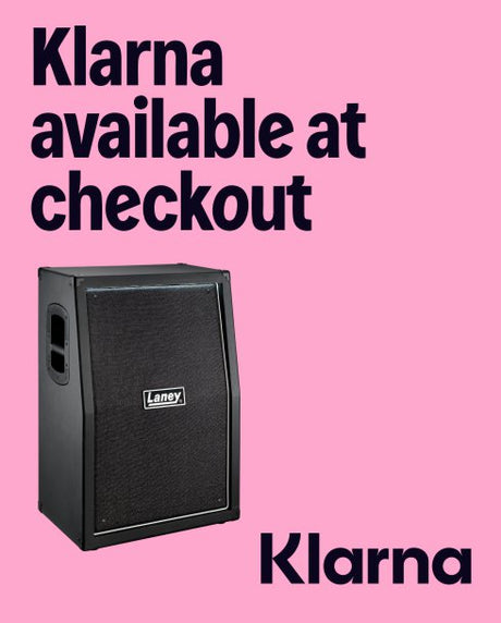 Black speaker with 'Klarna' branding on a pink background