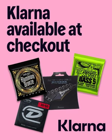 Bass strings packaging with Klarna branding on a pink background