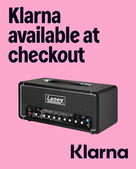 Black Laney amplifier on a pink background with Klarna text