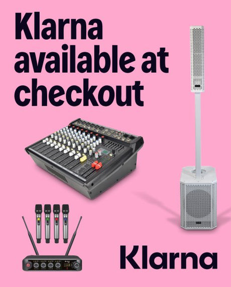 Sound equipment on a pink background with Klarna branding.