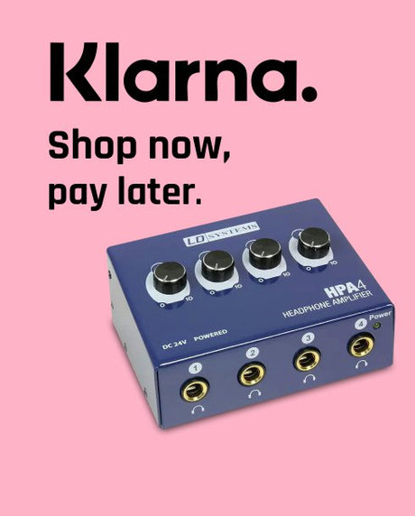 LD Systems Headphone amplifier with Klarna promotional text on a pink background