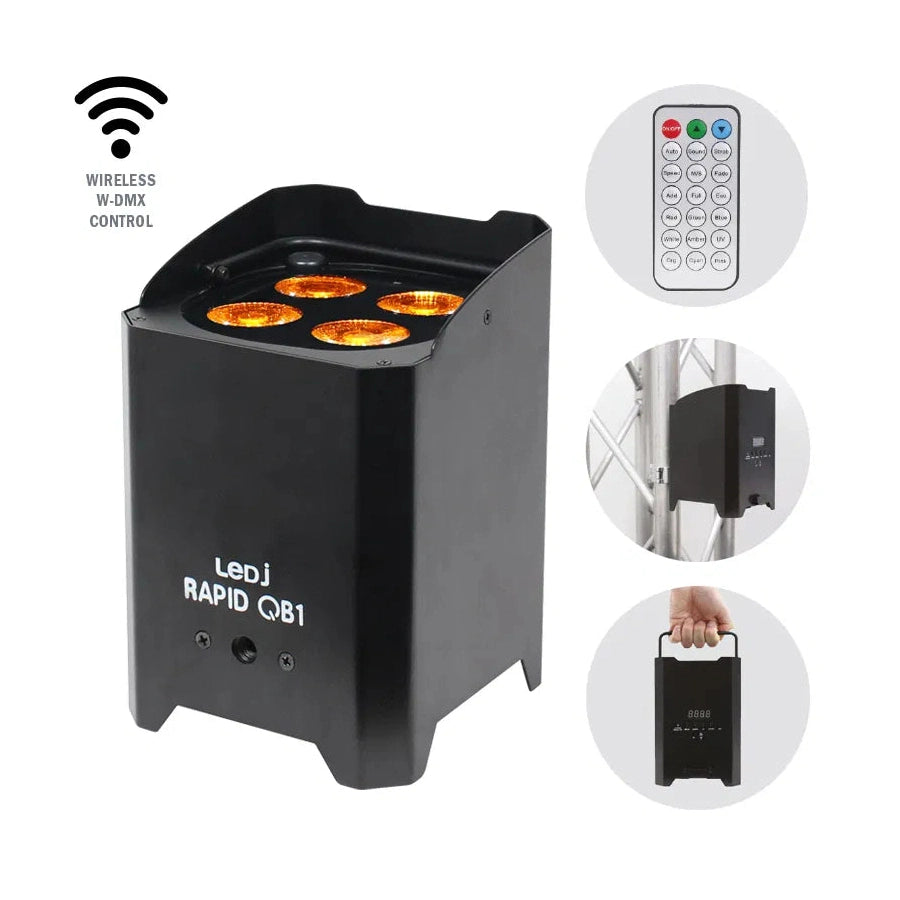 LEDj Rapid QB1 RGBA Battery Uplighter Black – 4 x 8W RGBA LEDs