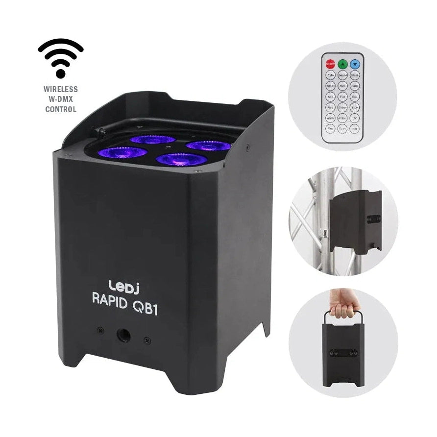 LEDj Rapid QB1 HEX IP Battery Uplighter – 4 x 12W RGBWAUV LEDs Black 1