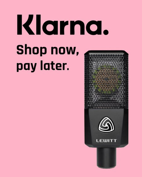 LEWITT microphone with Klarna promotional text on a pink background