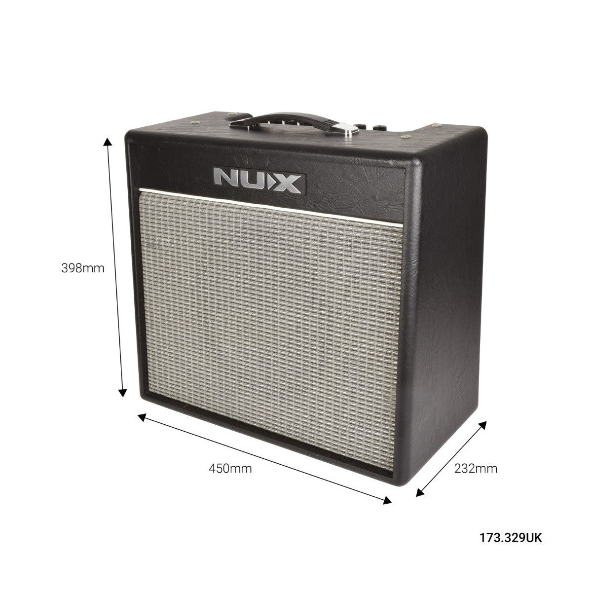 NUX Mighty 40BT - Front Angle with Dimensions Shown
