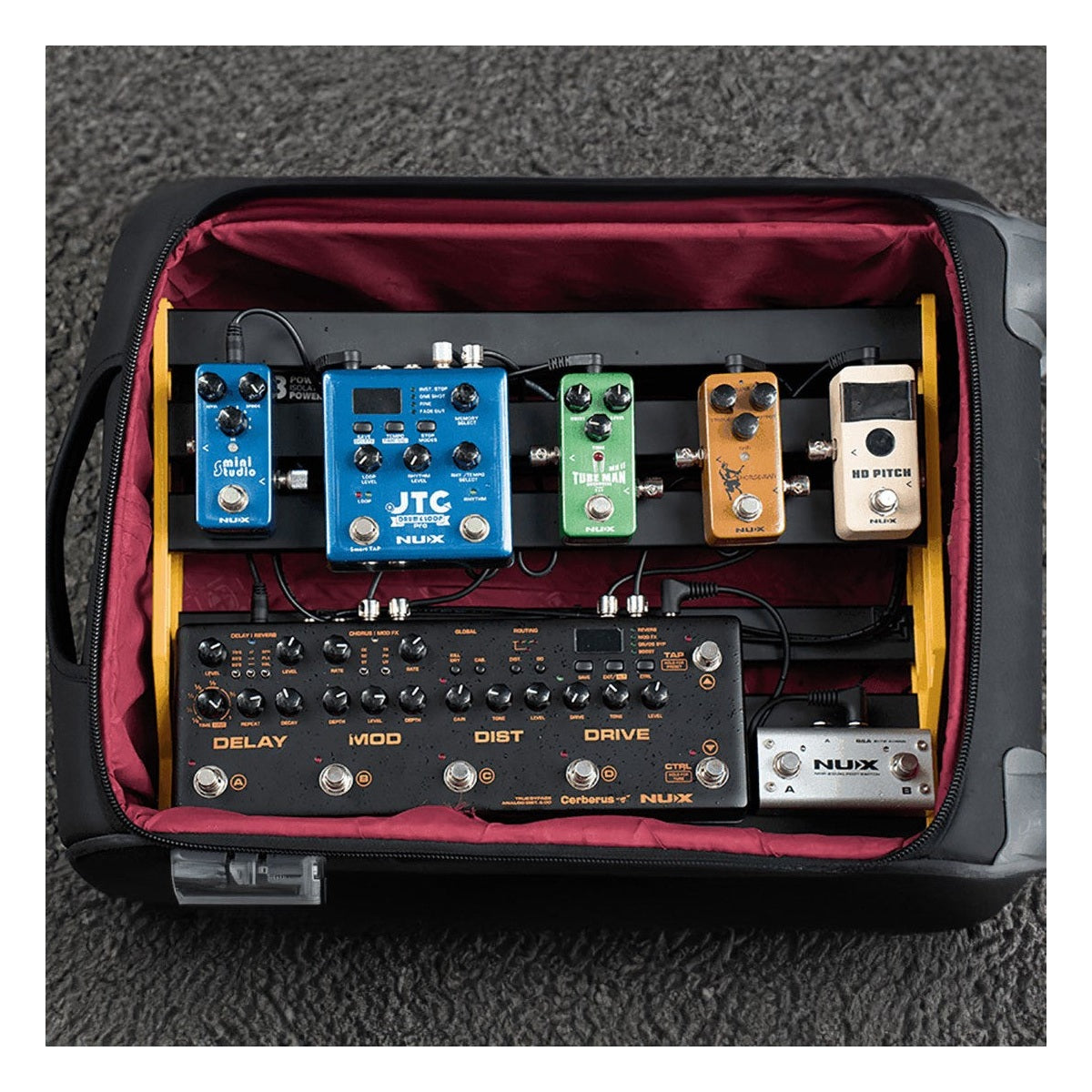 NUX NPB-L Bumblebee Pedalboard Lifestyle Shot with Pedals in Gig Bag