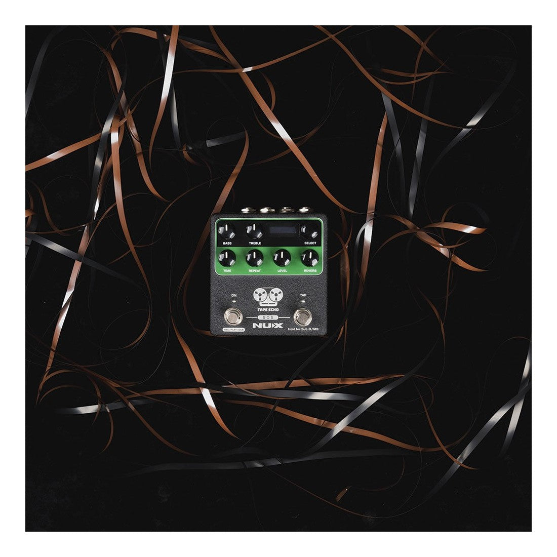 NUX Tape Echo Pedal Lifestyle Shot with Stylised Tape Reel Background