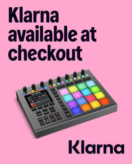 Music controller with colorful display on pink background, promoting Klarna payment option.