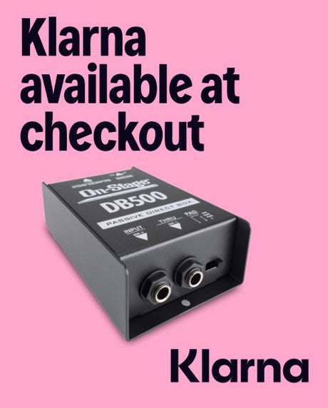 On-Stage DB500 audio device with Klarna branding on a pink background