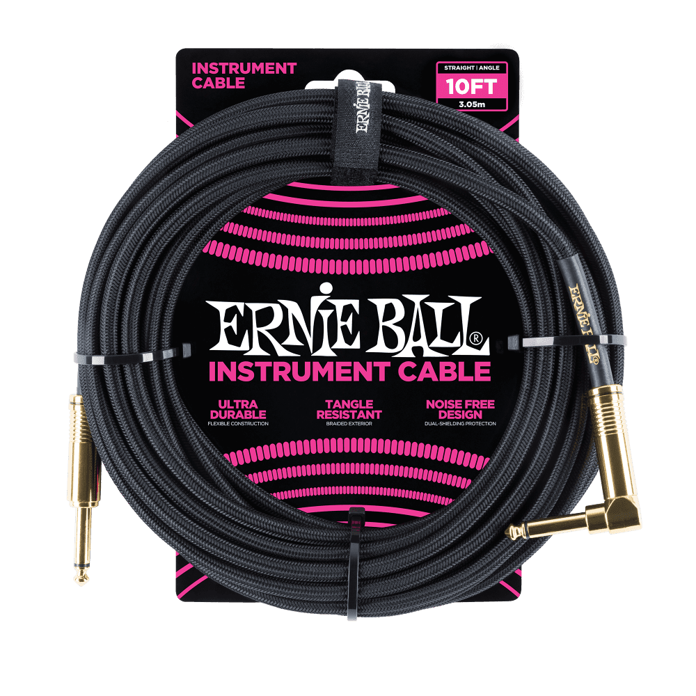 Ernie Ball Braided Instrument Cable, Straight to Angle Jack, 10ft (3.05m), Black with Gold Connectors