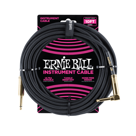 Ernie Ball Braided Instrument Cable, Straight to Angle Jack, 10ft 3.05m , Black with Gold Connectors 1