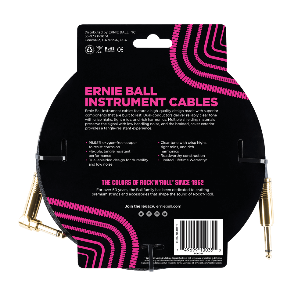 Ernie Ball Braided Instrument Cable, Straight to Angle Jack, 10ft (3.05m), Black with Gold Connectors