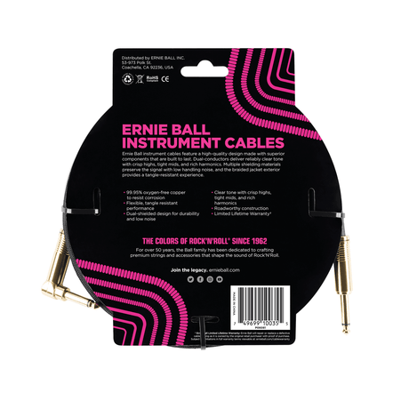 Ernie Ball Braided Instrument Cable, Straight to Angle Jack, 10ft 3.05m , Black with Gold Connectors 2