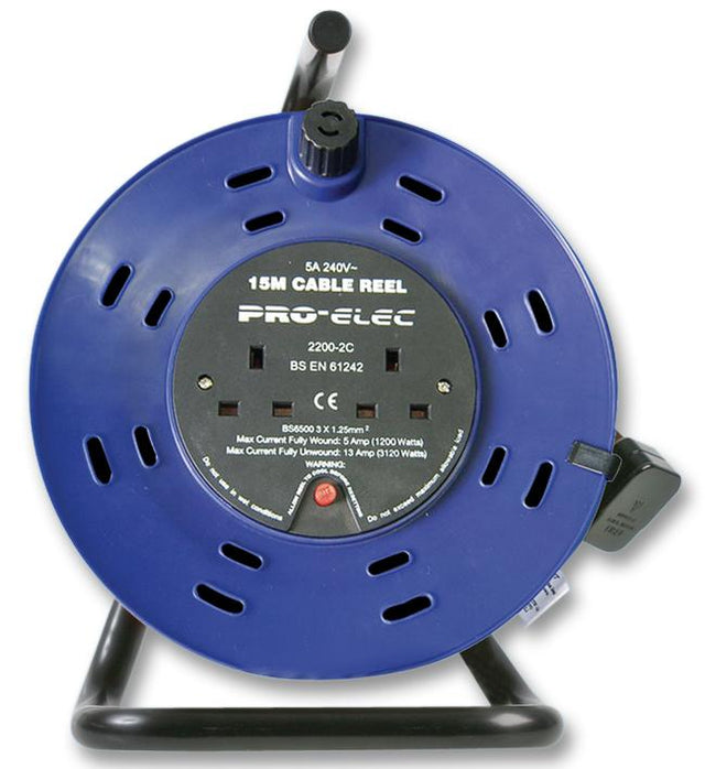 Pro-Elec 2 Gang Mains Extension Cable Reel 15m - Blue - PELB1593 1