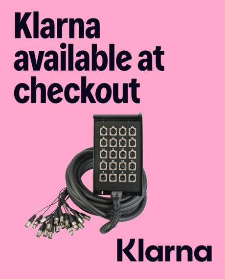 Klarna promotional graphic with electronic equipment on a pink background