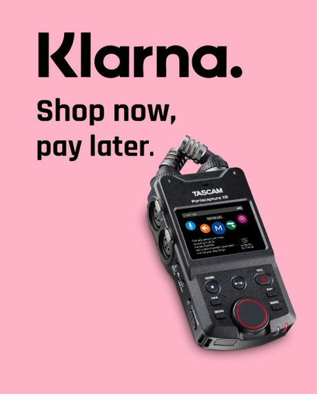 Tascam portable audio device on a pink background with Klarna branding.