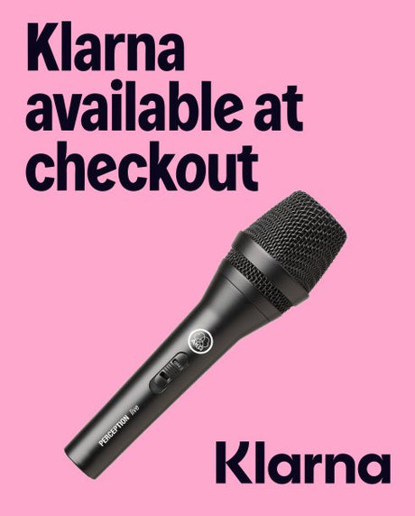 Microphone on a pink background with 'Klarna' branding and text.