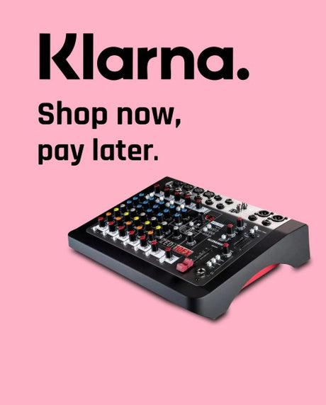 Allen and Heath Music mixer with Klarna advertisement on a pink background