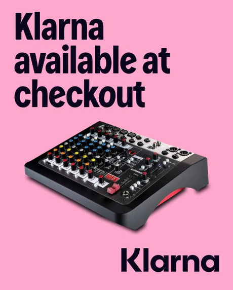 Music mixing console on a pink background with Klarna branding.