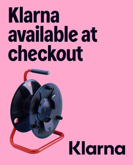 Klarna promotional graphic with a reel of cable on a pink background