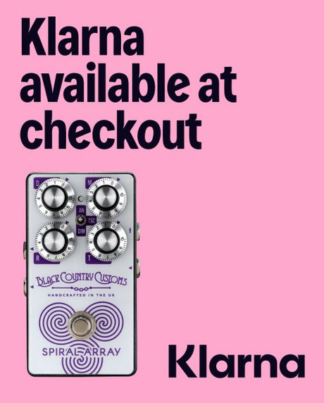 Guitar pedal with 'Black Country Customs' branding on a pink background, featuring text about Klarna payment option.