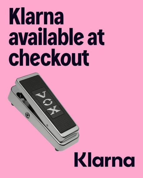 Vox pedal on a pink background with Klarna text