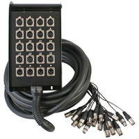 Stage boxes, Audio patch panel with multiple XLR cables on a white background