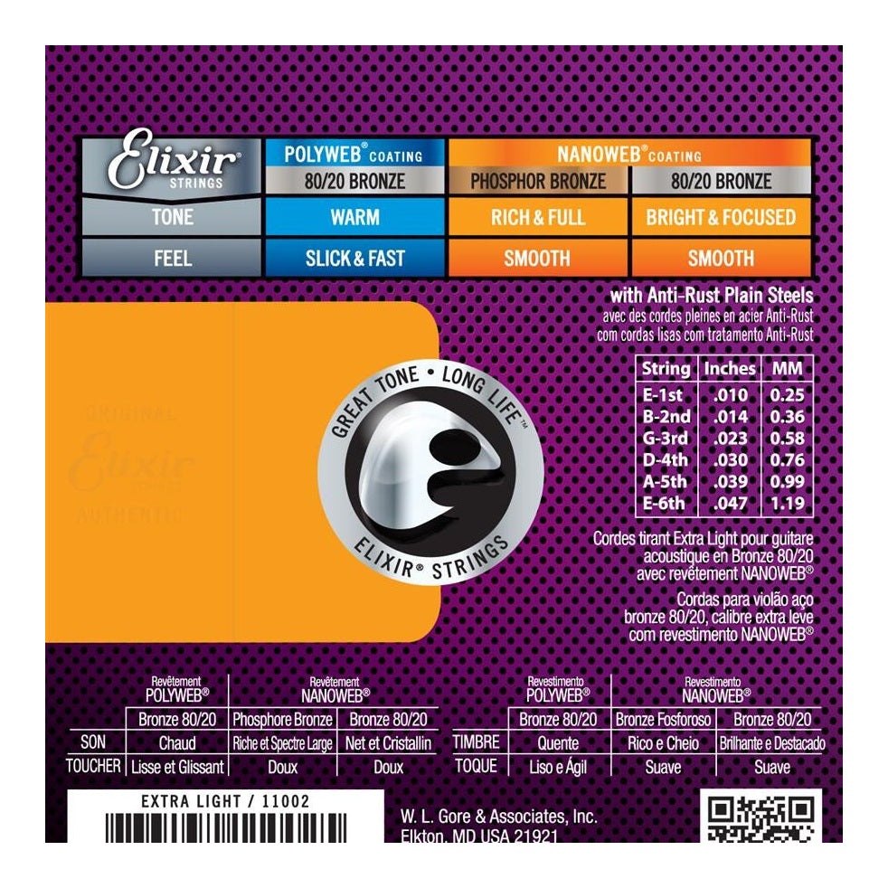 Elixir NANOWEB 80/20 Bronze Acoustic Guitar Strings, Extra Light — 10-47 3