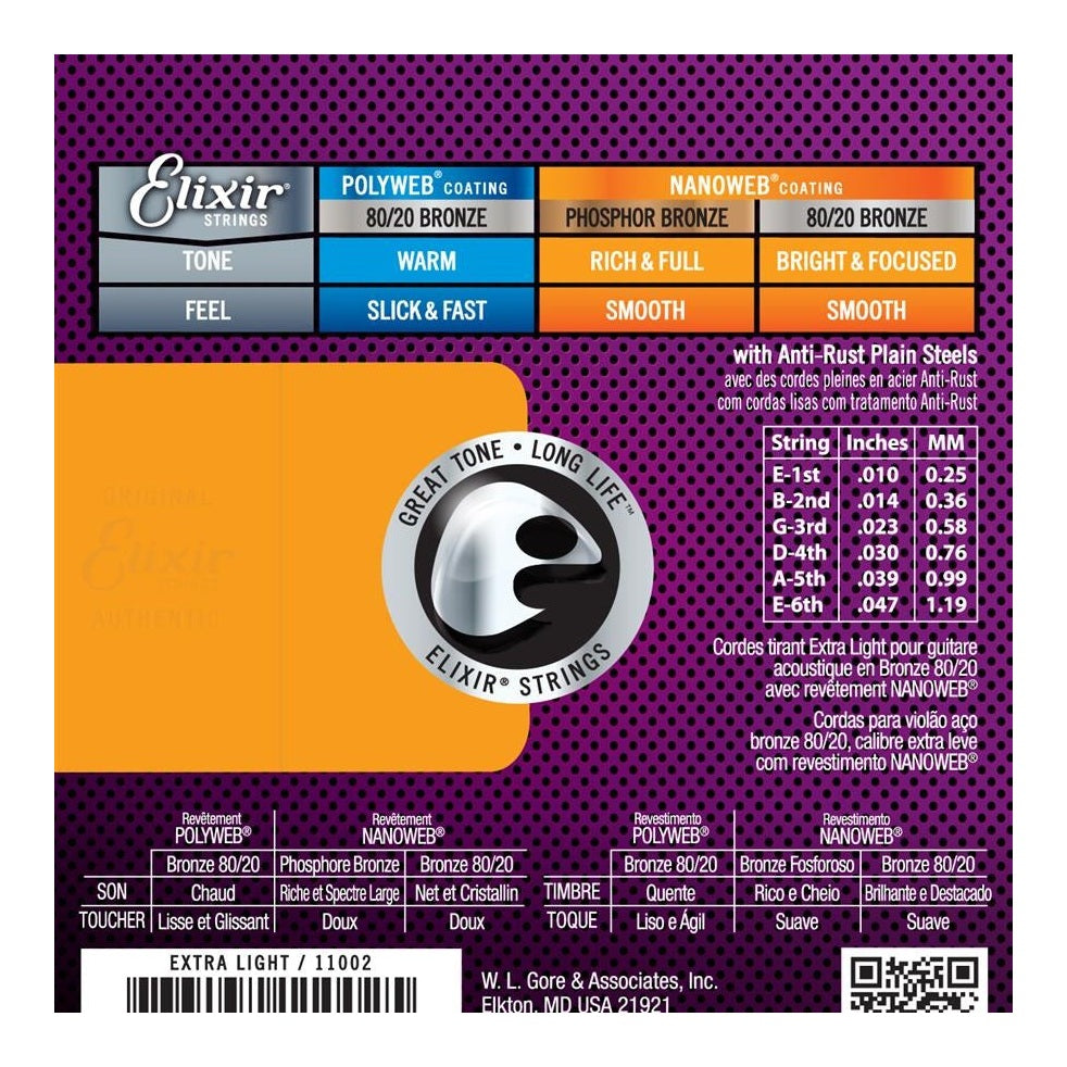 Elixir NANOWEB 80/20 Bronze Acoustic Guitar Strings, Extra Light — 10-47 3