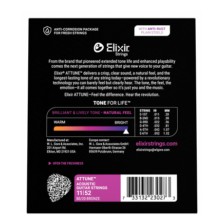 Elixir Attune 80/20 Bronze Acoustic Guitar Strings, Custom Light, 11-52 3