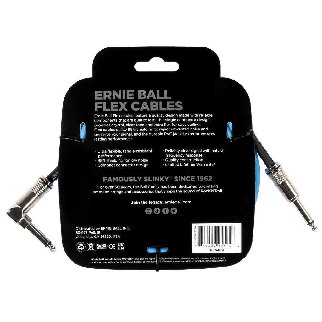 Ernie Ball Flex Instrument Cable, Straight to Angle Jack, 10ft (3m), Blue