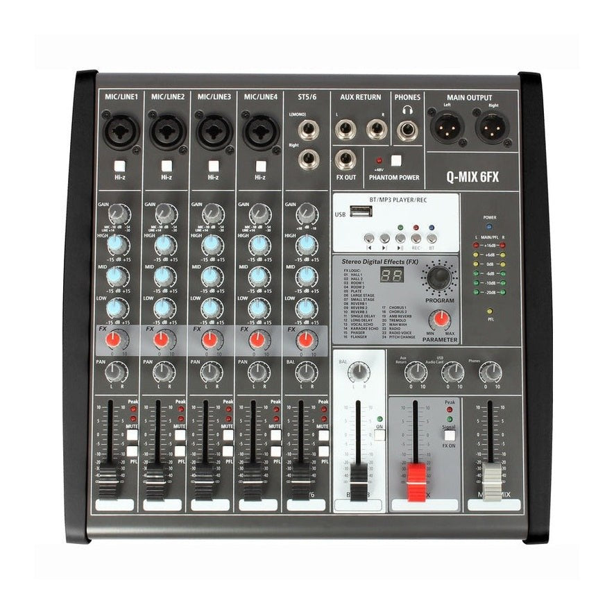 Q-Audio Q-MIX 6FX - 6-Channel Mixer With 24 Digital Effects, USB-C Interface And Bluetooth 2