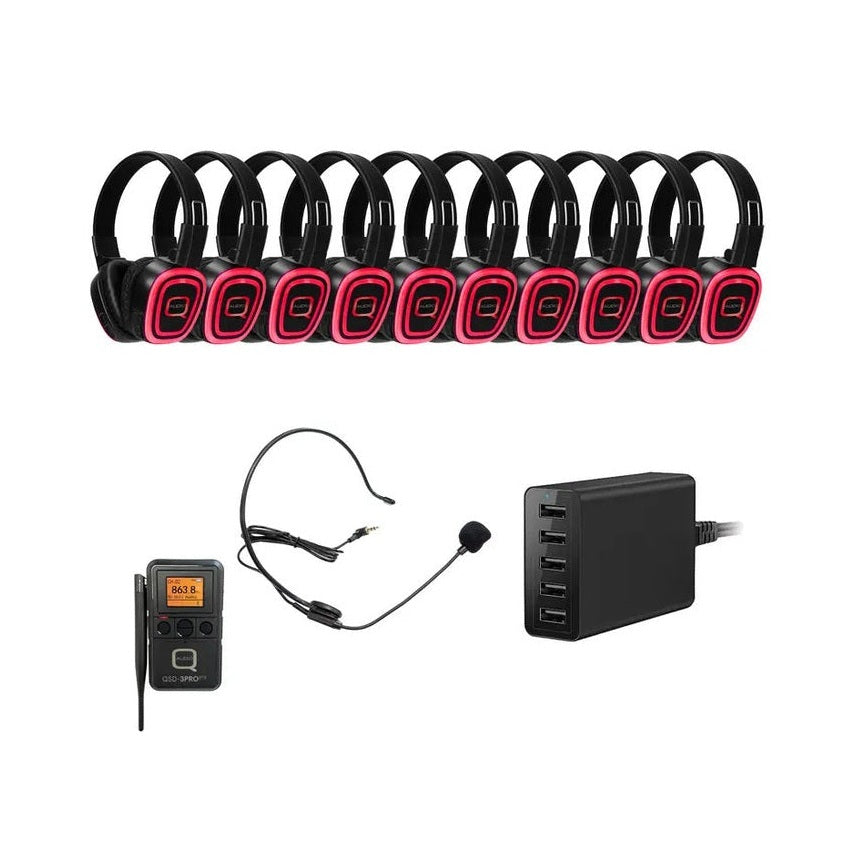 Q Audio 10 Way Silent Disco Bundle With Portable Bluetooth Transmitter & Charger 1